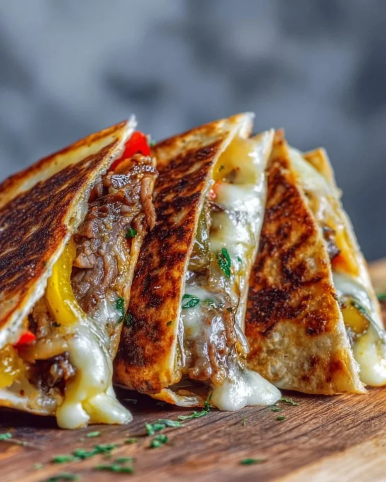 Delicious Philly Cheesesteak Quesadillas served on a plate with toppings.