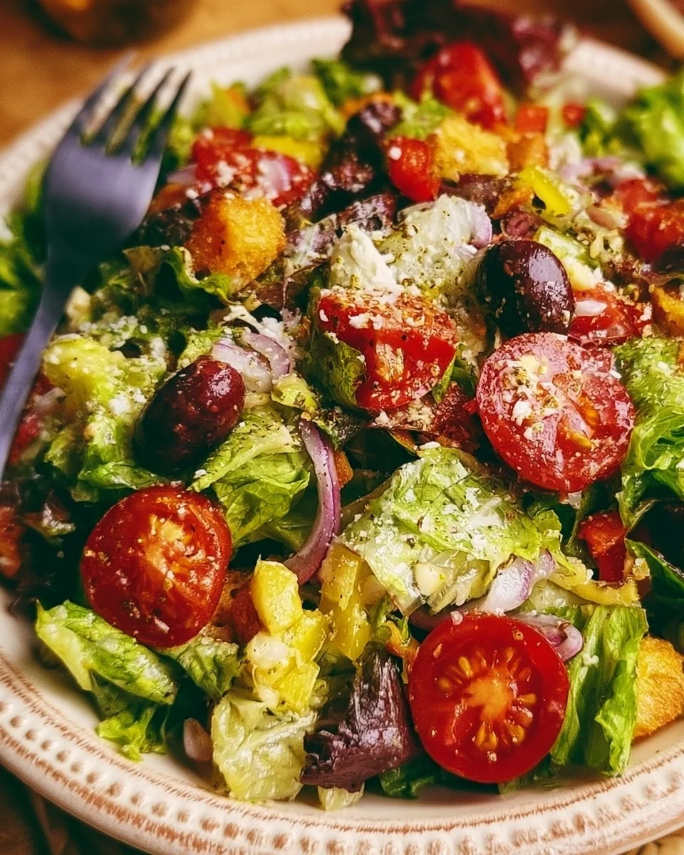 A vibrant bowl of classic Italian salad with fresh vegetables and herbs.