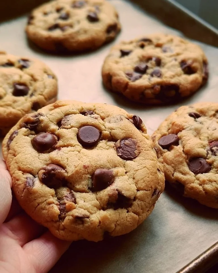 Freshly baked bakery style chocolate chip cookies on a cooling rack