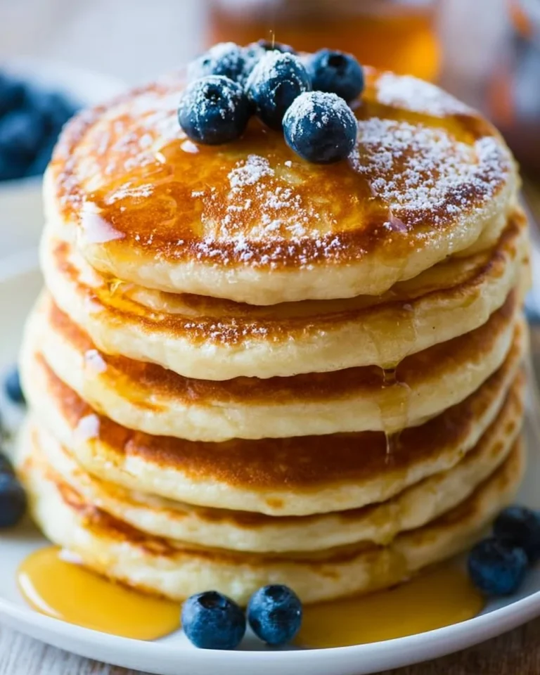 Stack of golden fluffy pancakes with syrup and berries on a plate