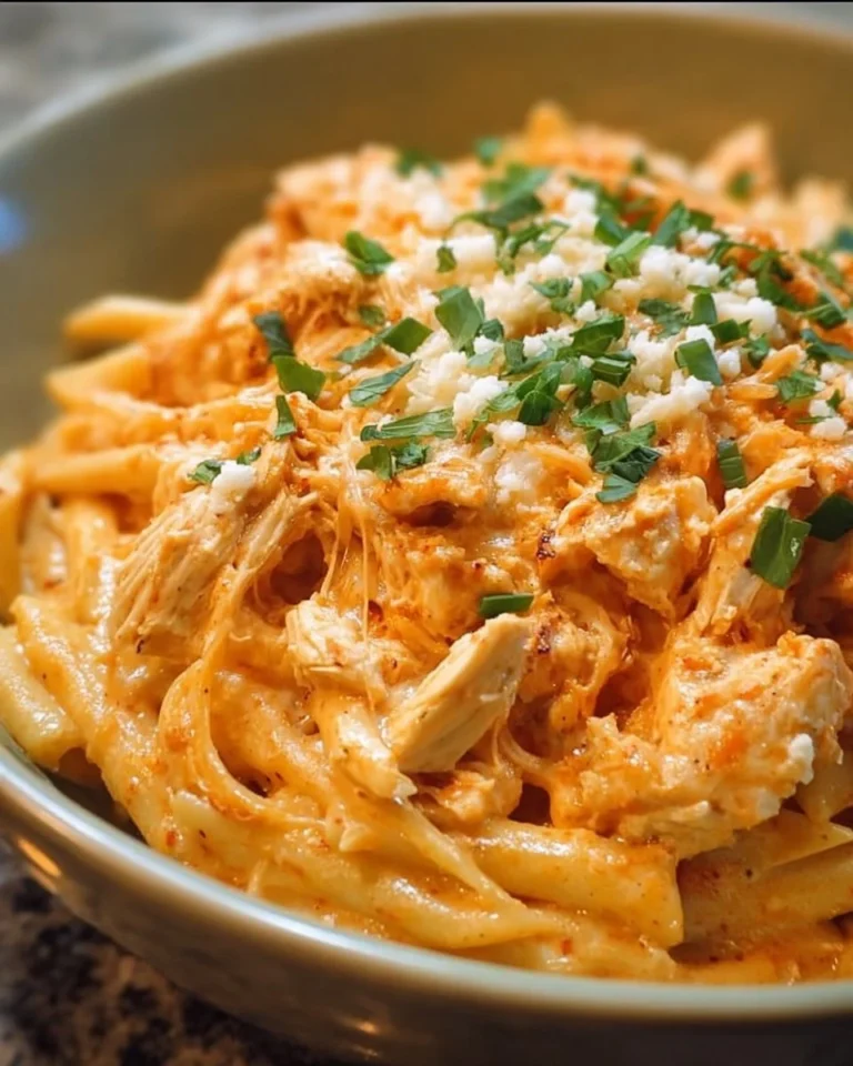 Delicious Buffalo Chicken Alfredo Pasta served in a bowl