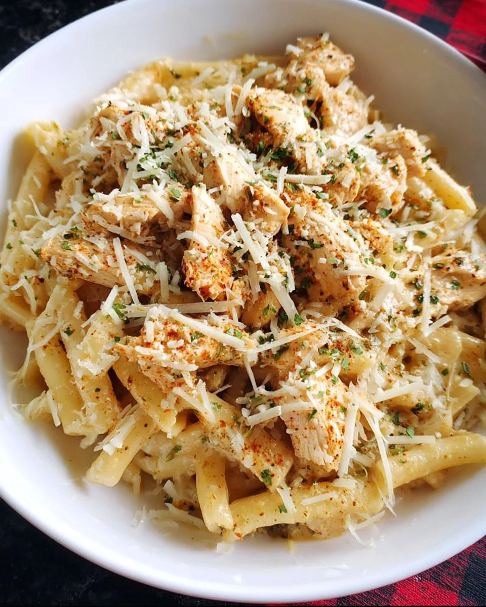 Delicious Garlic Parmesan Chicken Pasta from Buffalo Wild Wings served with herbs