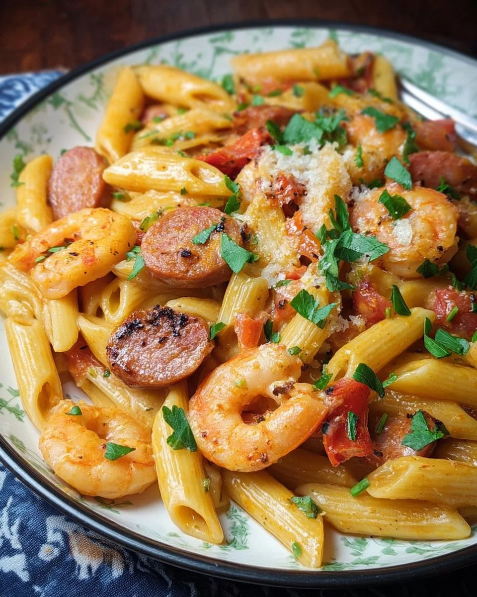 Delicious Cajun Shrimp Pasta with sausage, topped with fresh herbs and spices