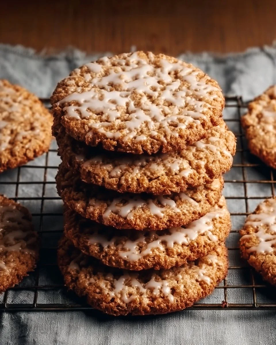 Chewy homemade iced oatmeal cookies decorated with icing on a plate