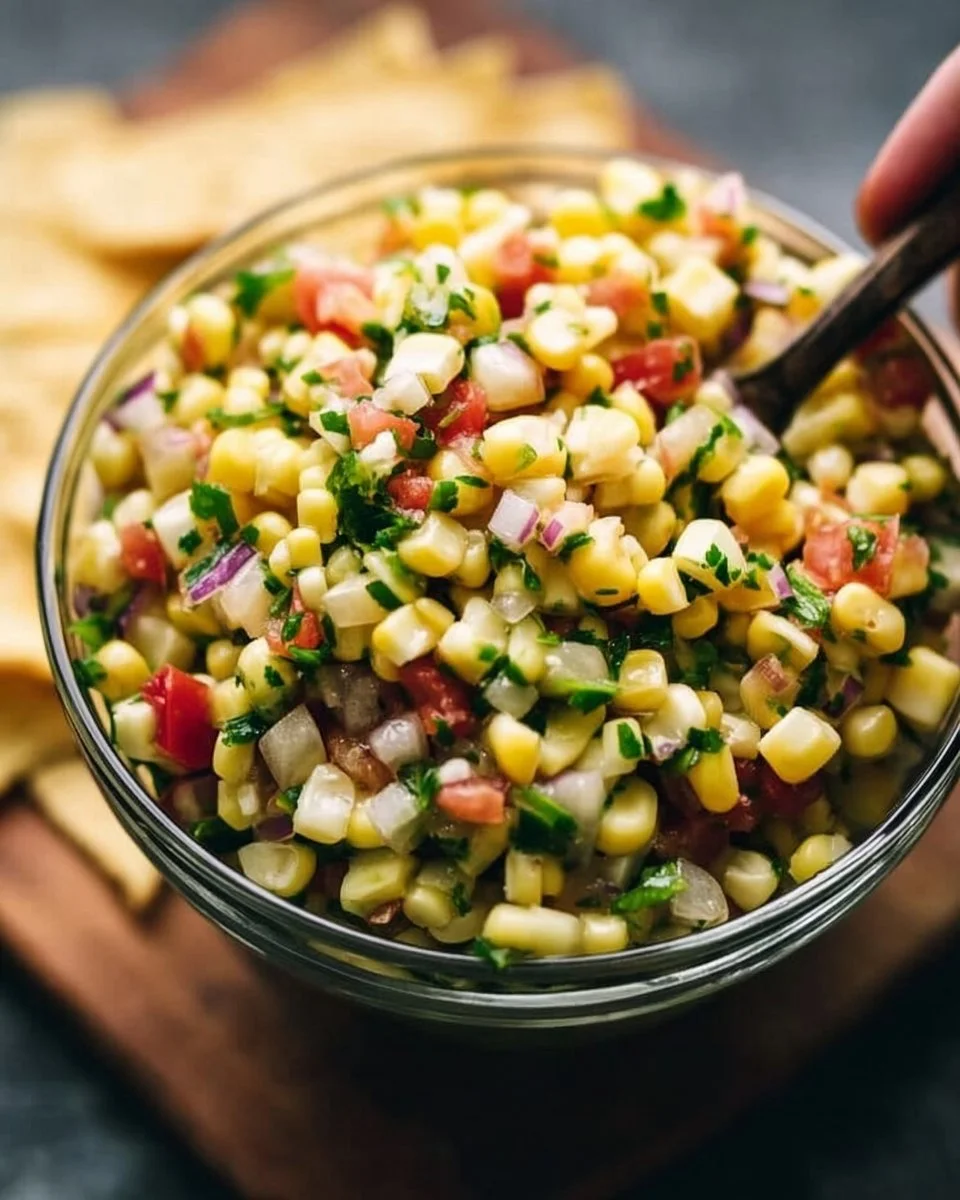 Delicious Chipotle copycat corn salsa in a bowl garnished with cilantro.