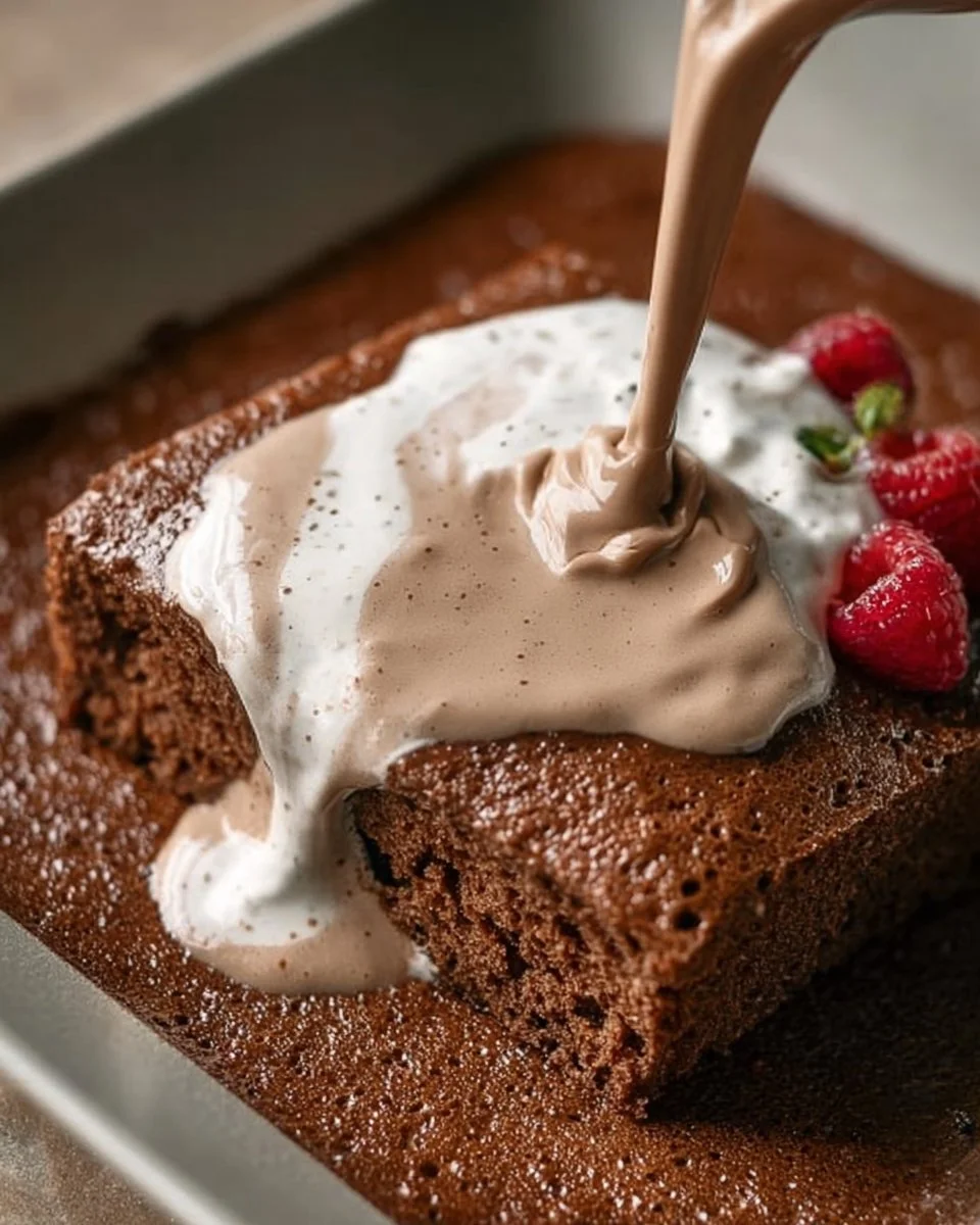 Slice of Chocolate Three Milks Cake topped with chocolate drizzle and berries