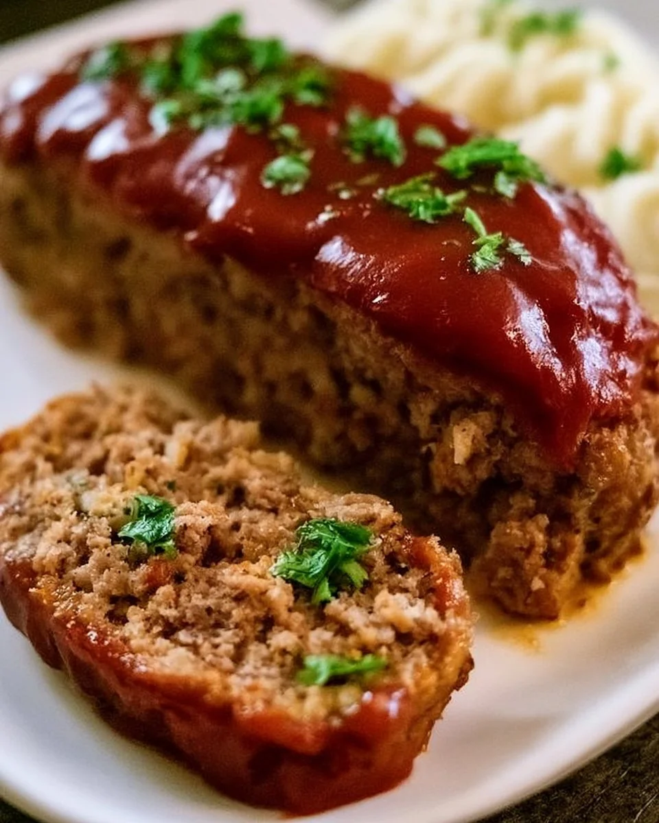Classic meatloaf recipe served with mashed potatoes and green beans
