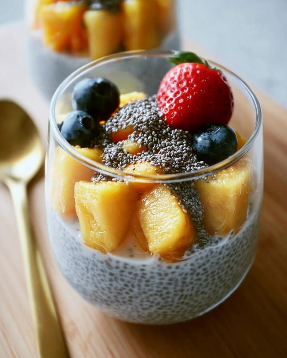 Coconut milk chia seed pudding topped with fresh fruit and nuts