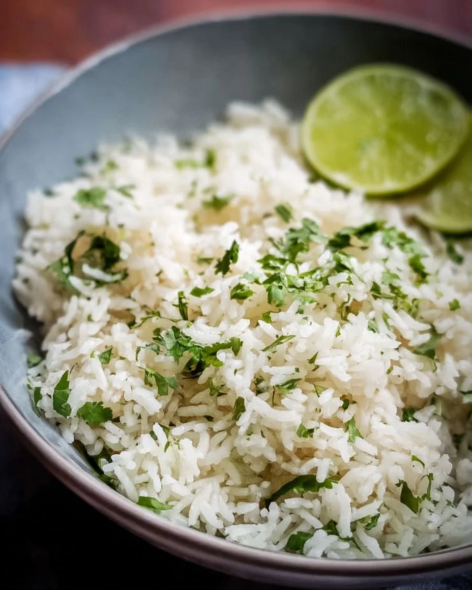 Copycat Chipotle Cilantro Lime Rice topped with fresh cilantro and lime.