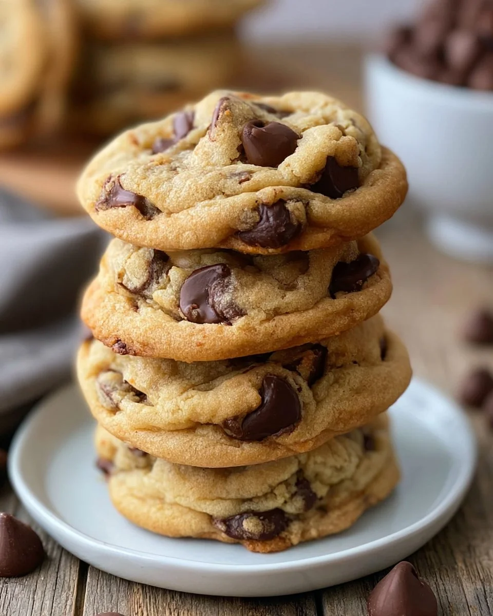 Delicious Crumbl chocolate chip cookies stacked on a plate.