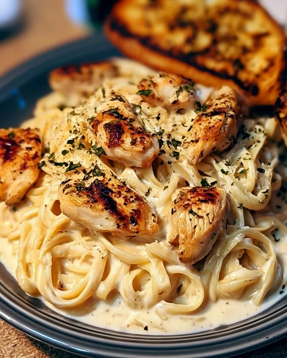 Plate of Copycat Olive Garden Chicken Alfredo with creamy sauce and pasta garnish