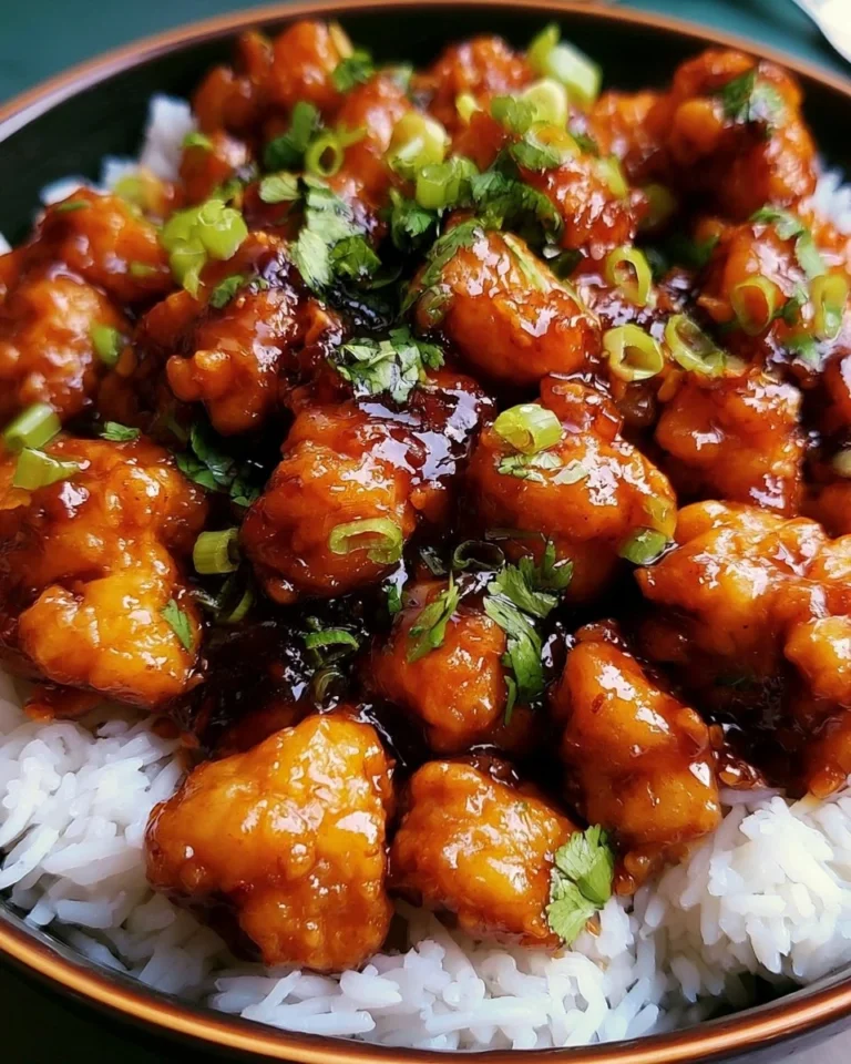 Plate of homemade Copycat Orange Chicken garnished with green onions.