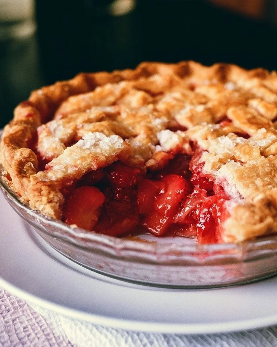 Cozy strawberry rhubarb pie slice with a flaky crust and fresh berries