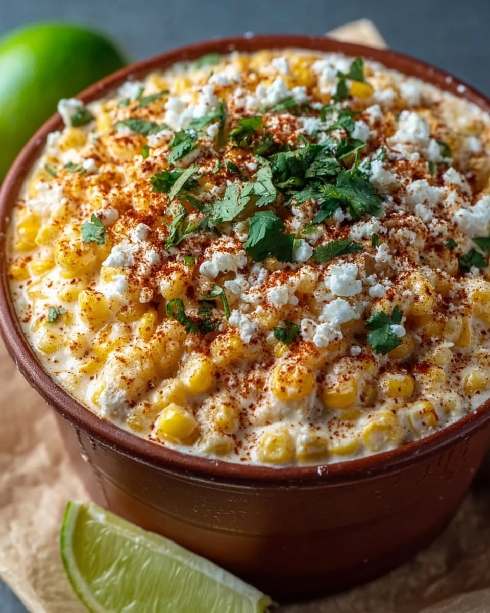 Creamy Mexican street corn esquites served in a cup with toppings.