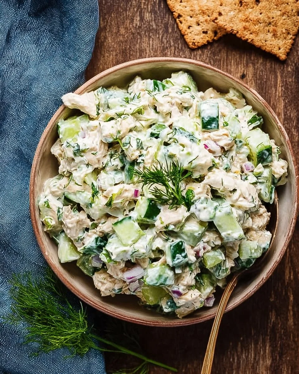 Delicious creamy tzatziki chicken salad served in a bowl with fresh ingredients