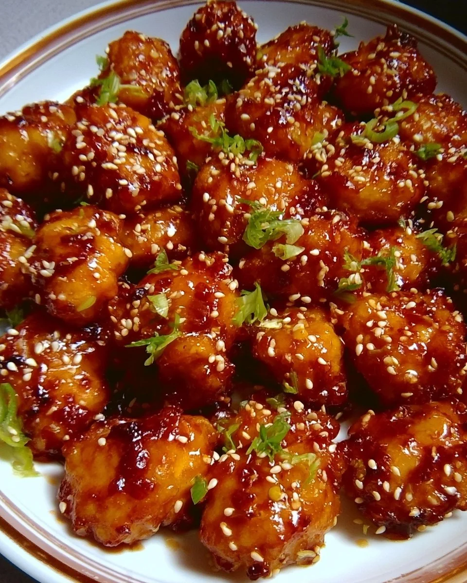 Crispy baked orange chicken served with sesame seeds and green onions
