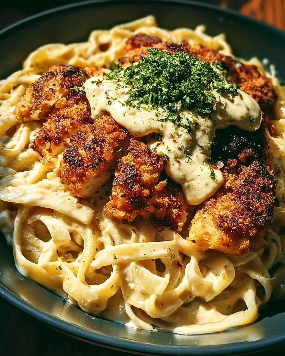 Crispy Chicken Fettuccine Alfredo garnished with parsley on a plate