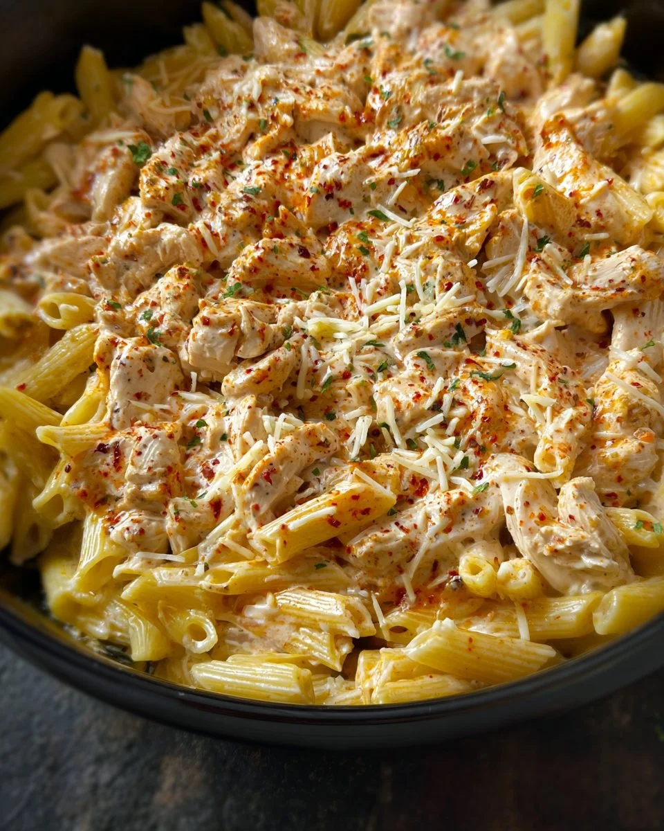 Crockpot Chicken Pasta with Buffalo Wild Wings Sauce