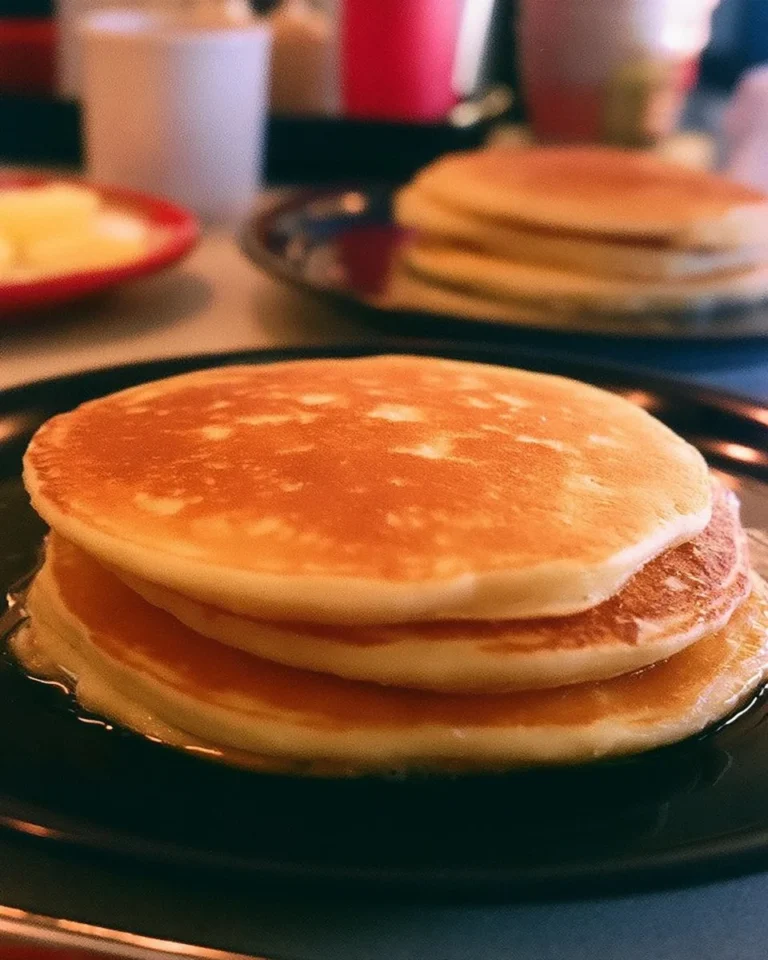 Delicious Denny's pancakes served with butter and syrup on a breakfast table.