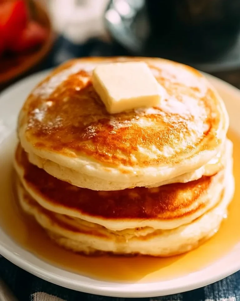 Stack of easy fluffy pancakes with syrup and berries on a plate