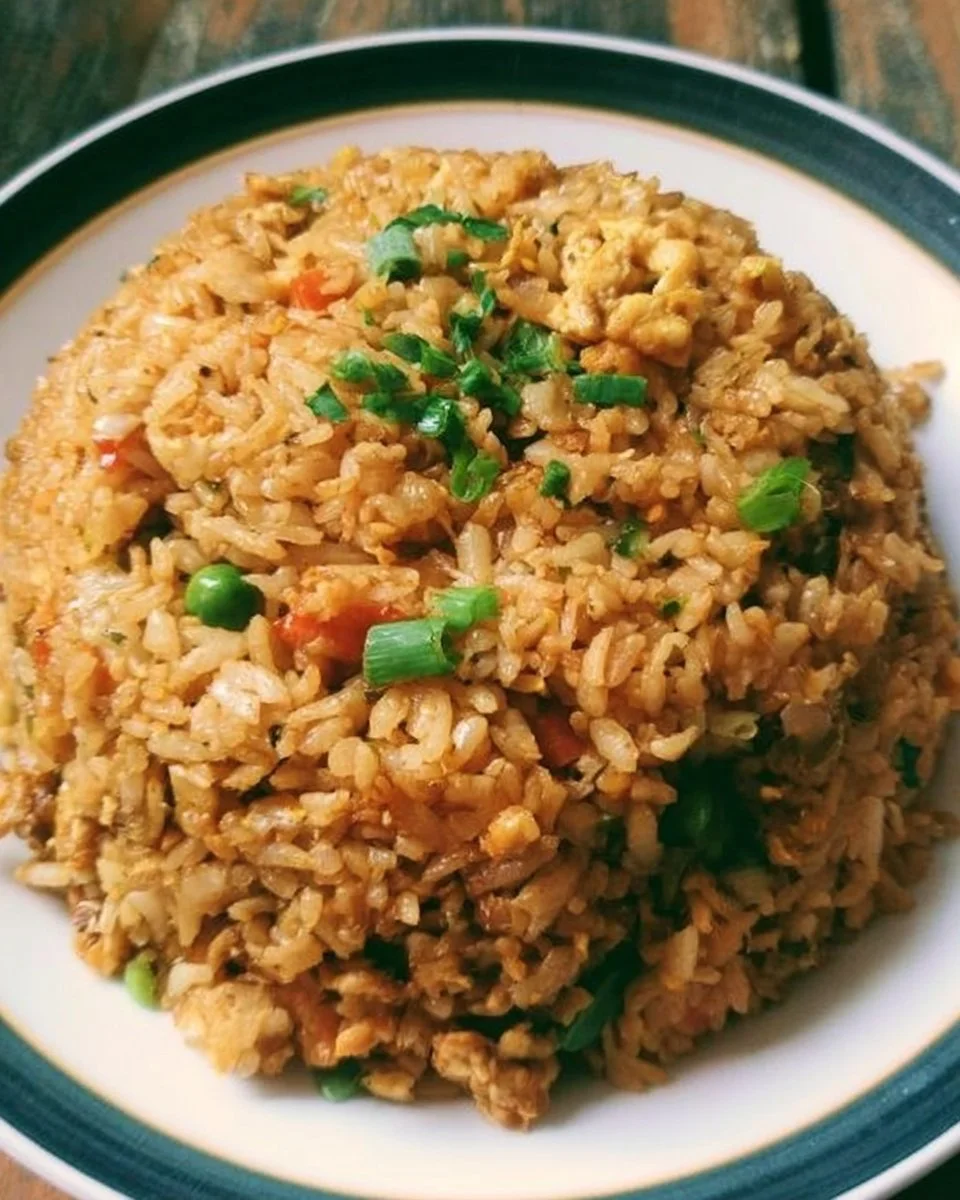 Plate of easy fried rice ready in 20 minutes topped with vegetables and eggs.