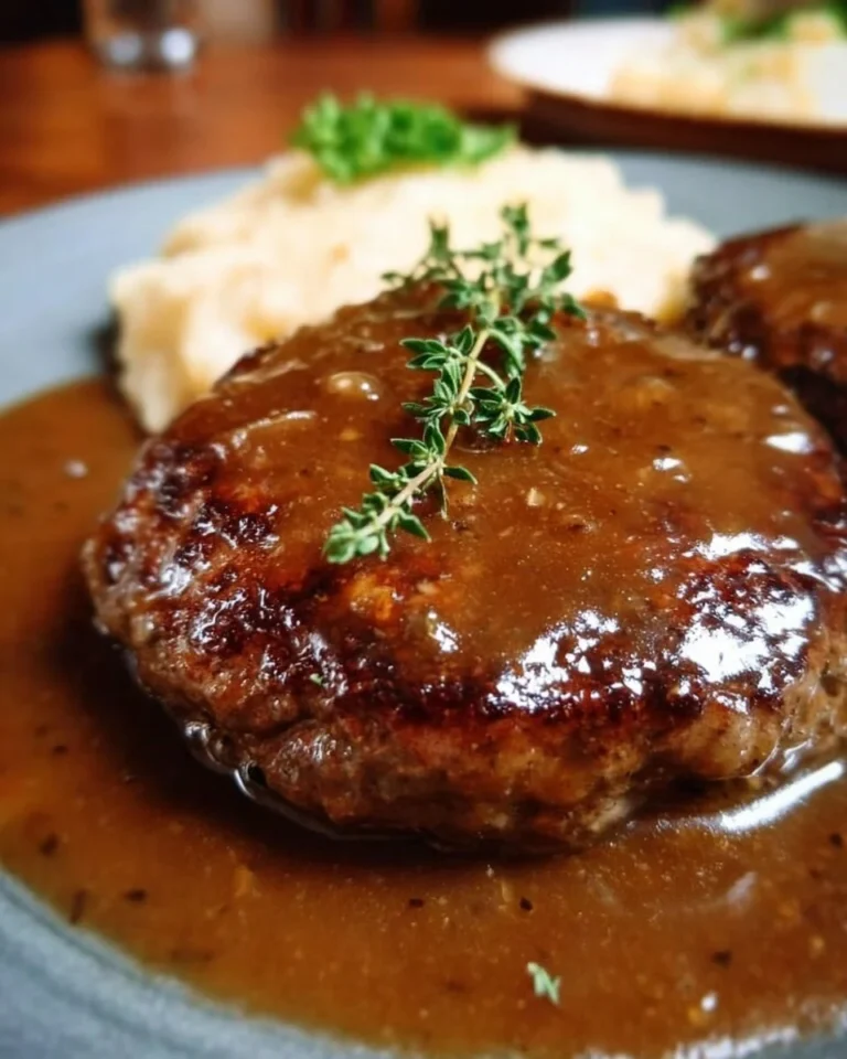 Plate of easy hamburger steak topped with savory brown gravy
