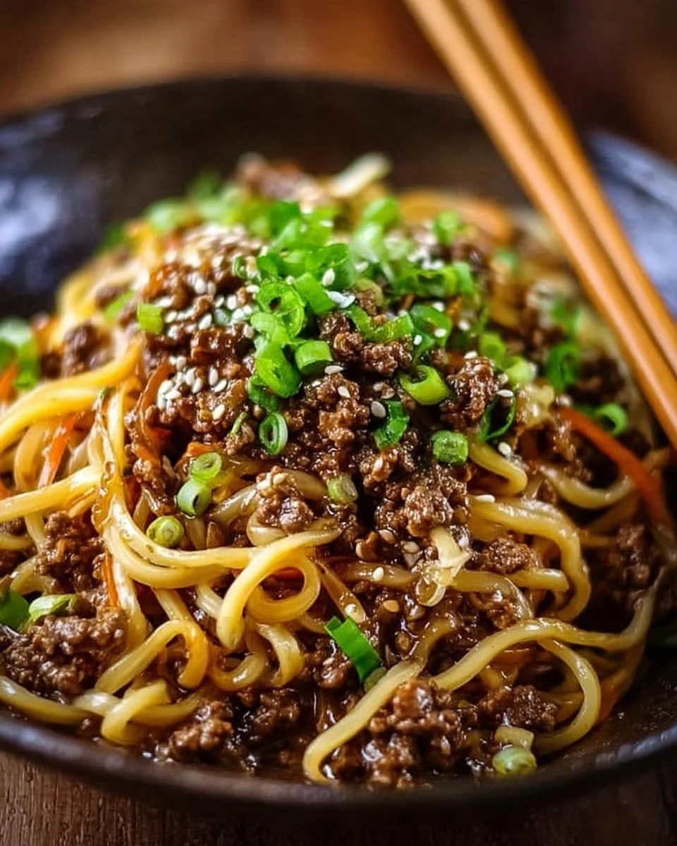 Delicious Mongolian ground beef noodles served in a bowl
