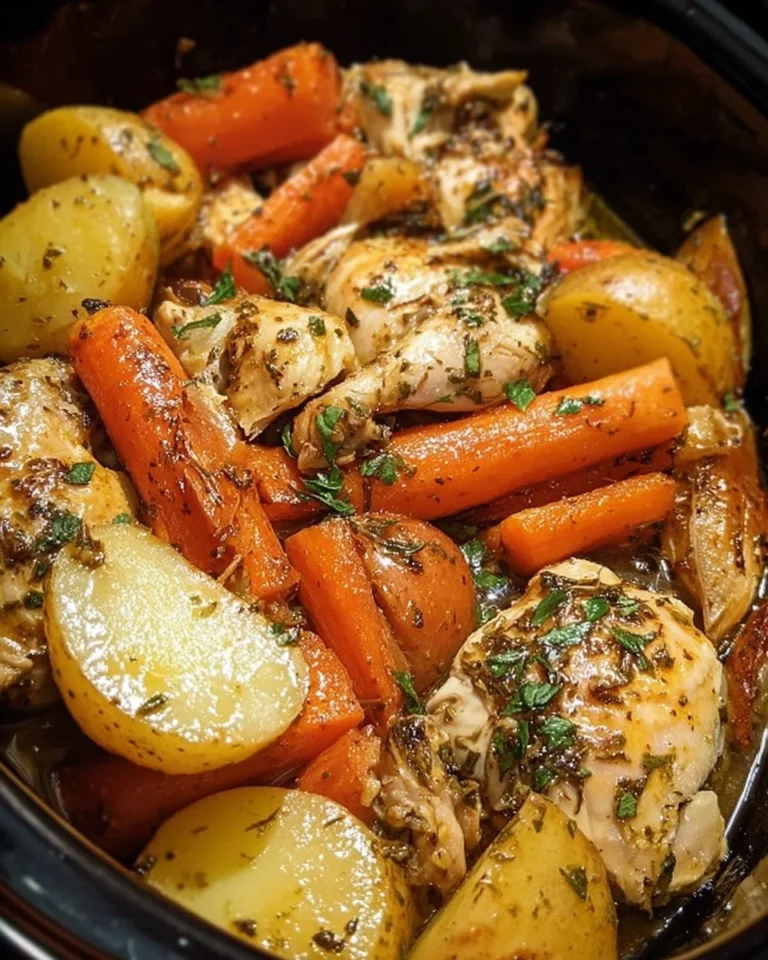 Delicious Garlic Butter Crockpot Chicken served with potatoes and carrots