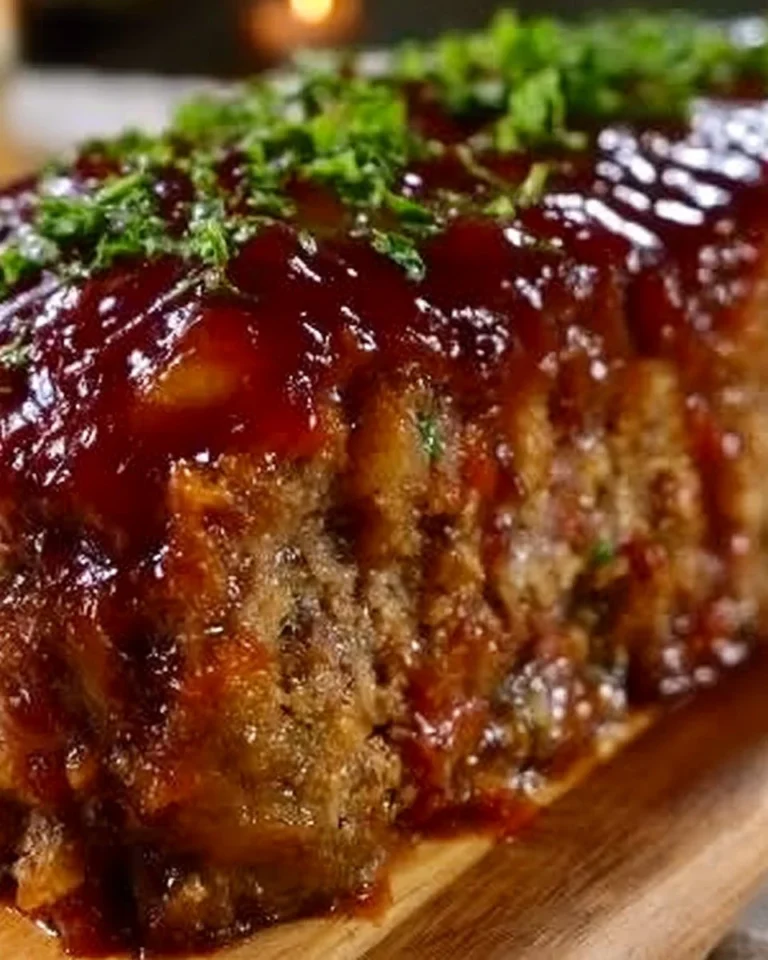 Delicious glazed meatloaf with a flavorful topping, made with 5 ingredients.
