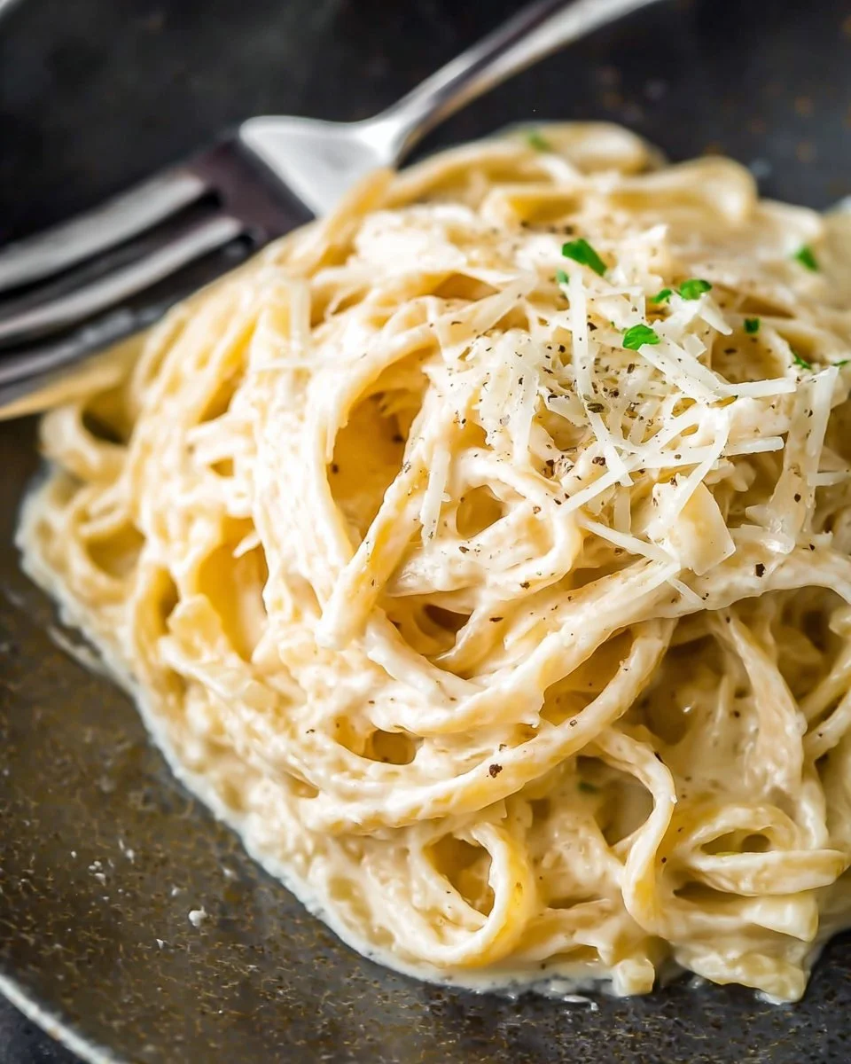 Bowl of creamy homemade Alfredo sauce with fresh herbs and pasta.