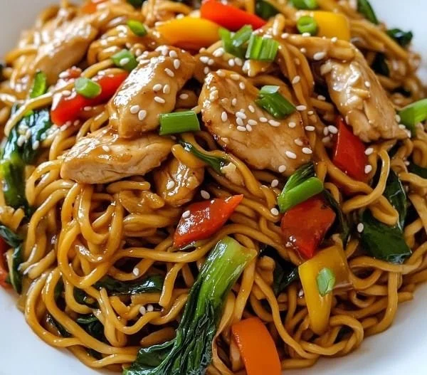 Delicious Homemade Chicken Lo Mein served in a bowl with fresh vegetables.