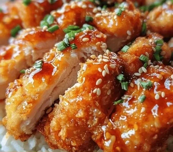 Delicious homemade sesame chicken served with vegetables