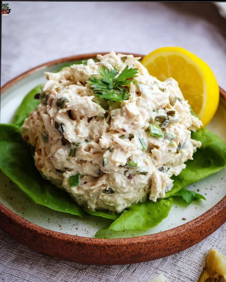 Delicious Lemon Basil Chicken Salad garnished with fresh basil and lemon slices.