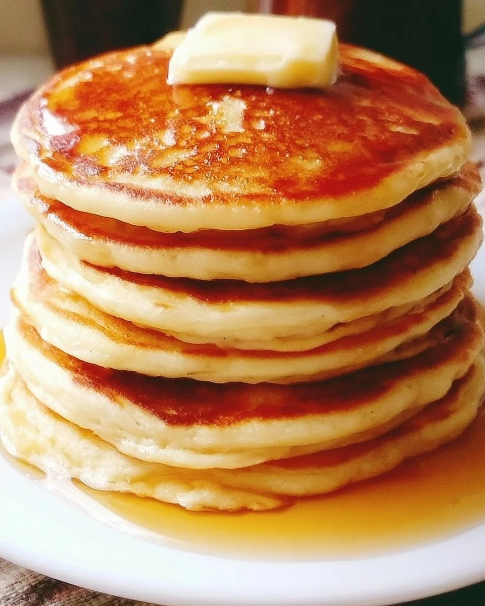 Stack of fluffy minute easy pancakes on a plate with syrup