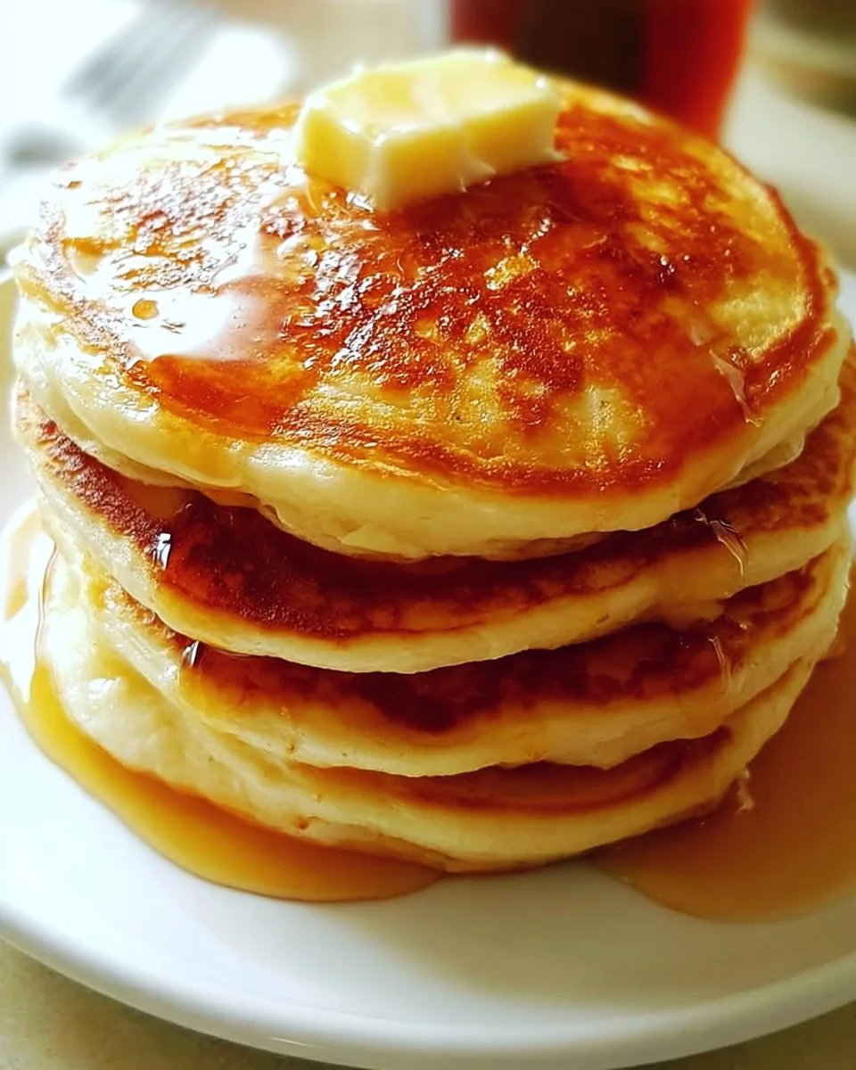 A stack of fluffy old-fashioned pancakes drizzled with maple syrup.