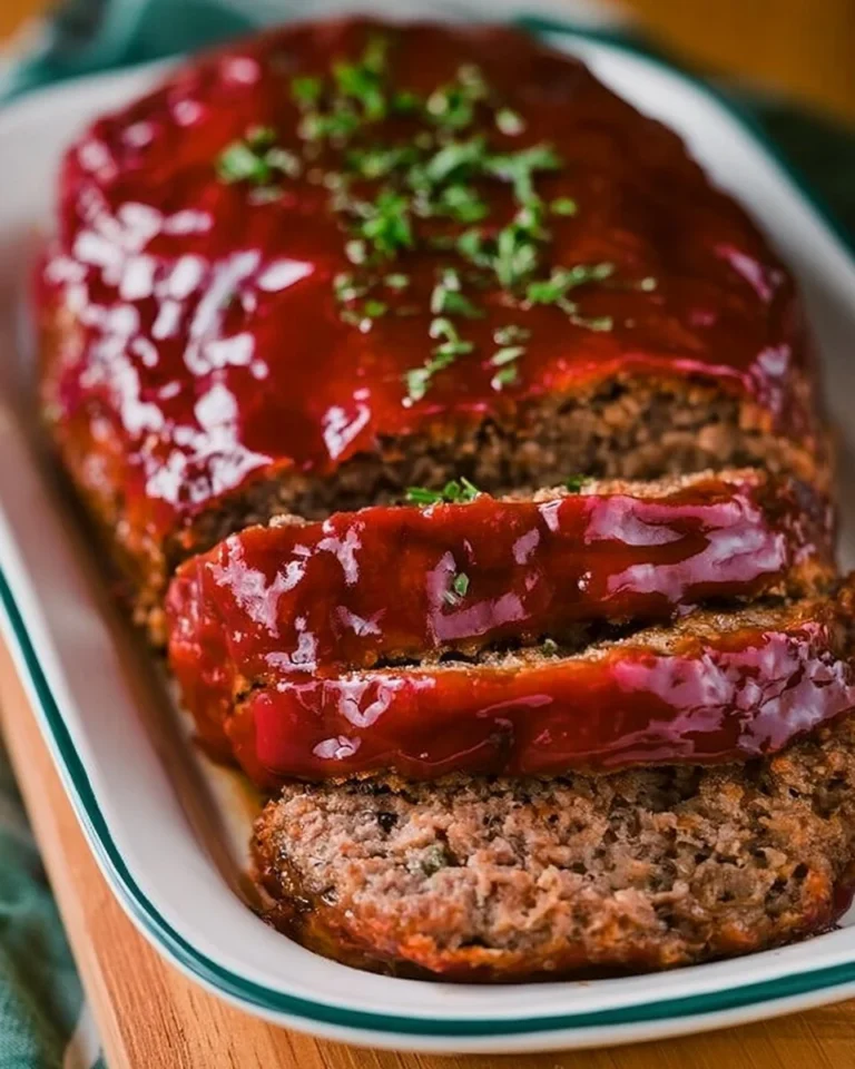Mom's classic family meatloaf recipe served with mashed potatoes and green beans.