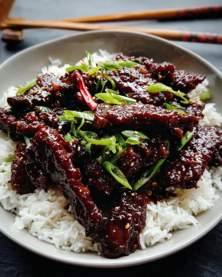Delicious Mongolian Beef dish served with green onions and rice