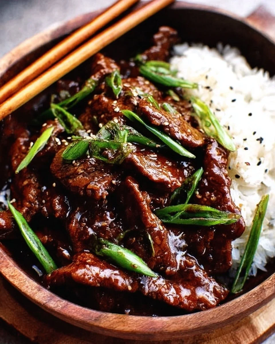 Delicious Mongolian Beef stir-fry served in a bowl with rice and vegetables.