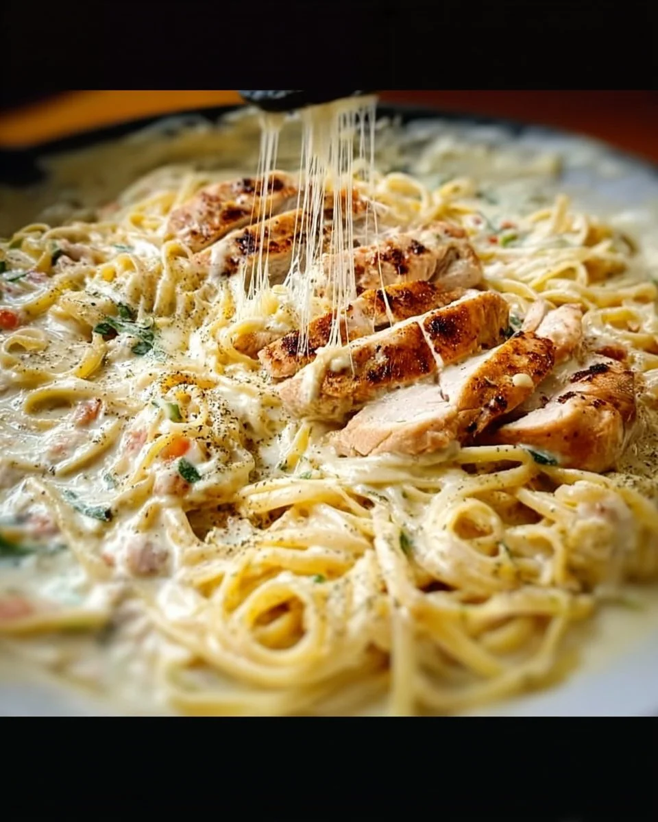 Delicious Chicken Alfredo with creamy sauce and fettuccine, inspired by Olive Garden.