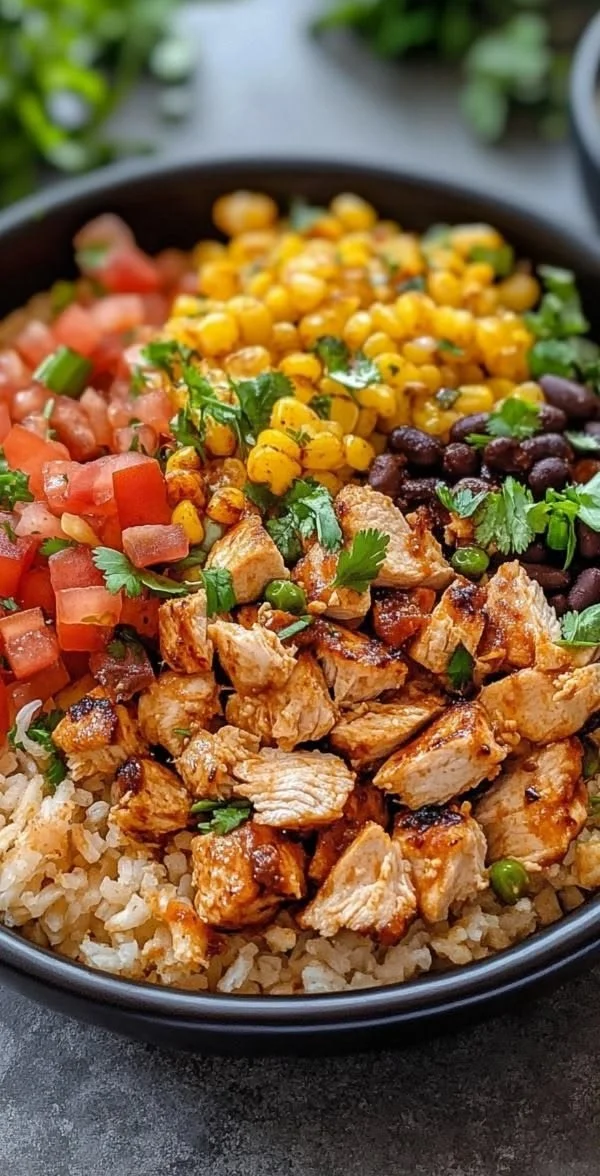 One-Pan Chicken Burrito Bowl with colorful ingredients