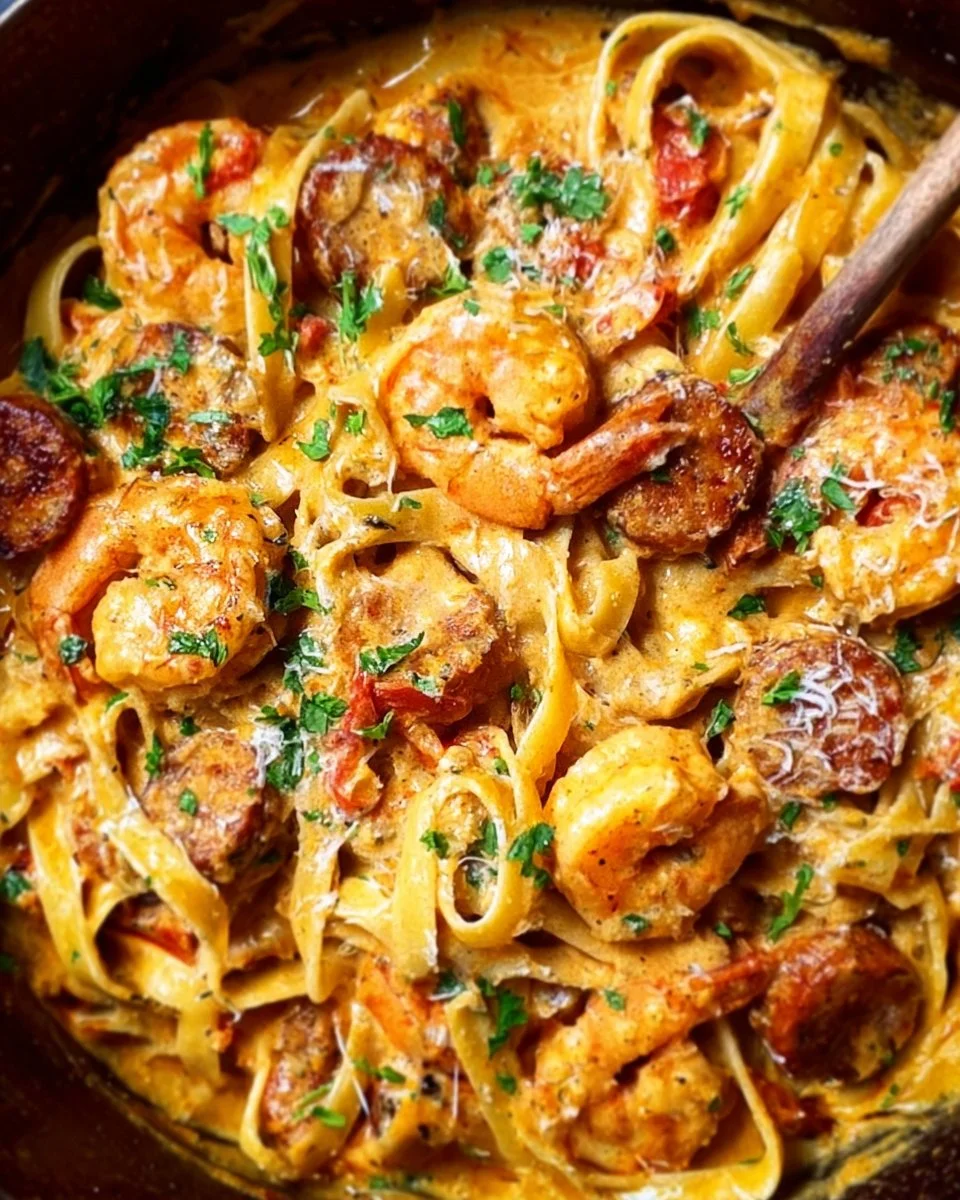 One pot creamy Cajun shrimp pasta with sausage in a bowl