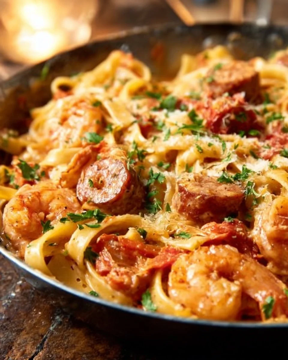 One Pot Creamy Cajun Shrimp Pasta with Sausage