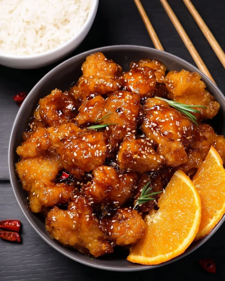 A plate of succulent orange chicken garnished with sesame seeds and green onions.