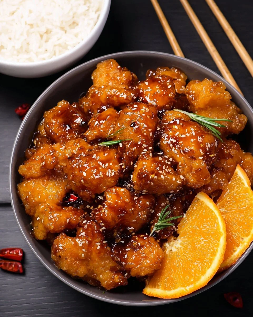 A plate of succulent orange chicken garnished with sesame seeds and green onions.