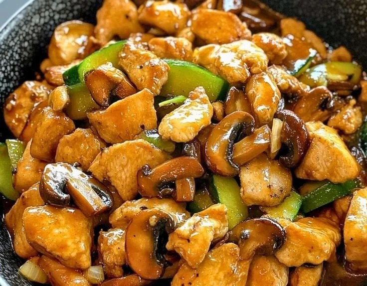 Plate of Panda Express mushroom chicken with rice and vegetables