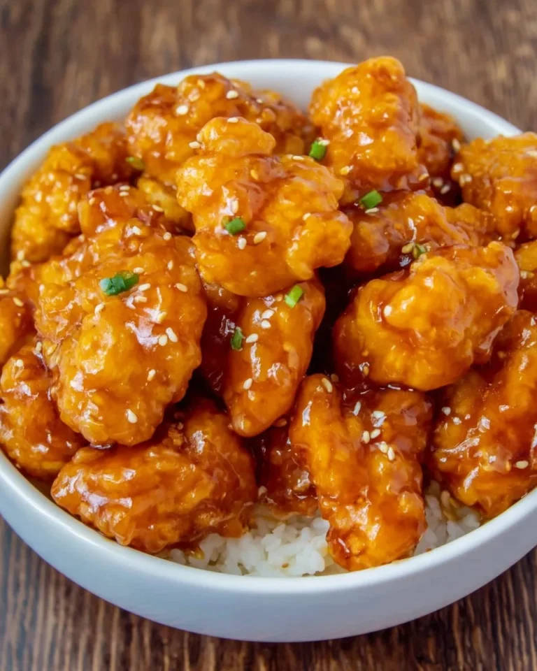 Homemade Panda Express Orange Chicken copycat recipe with crispy chicken and sauce