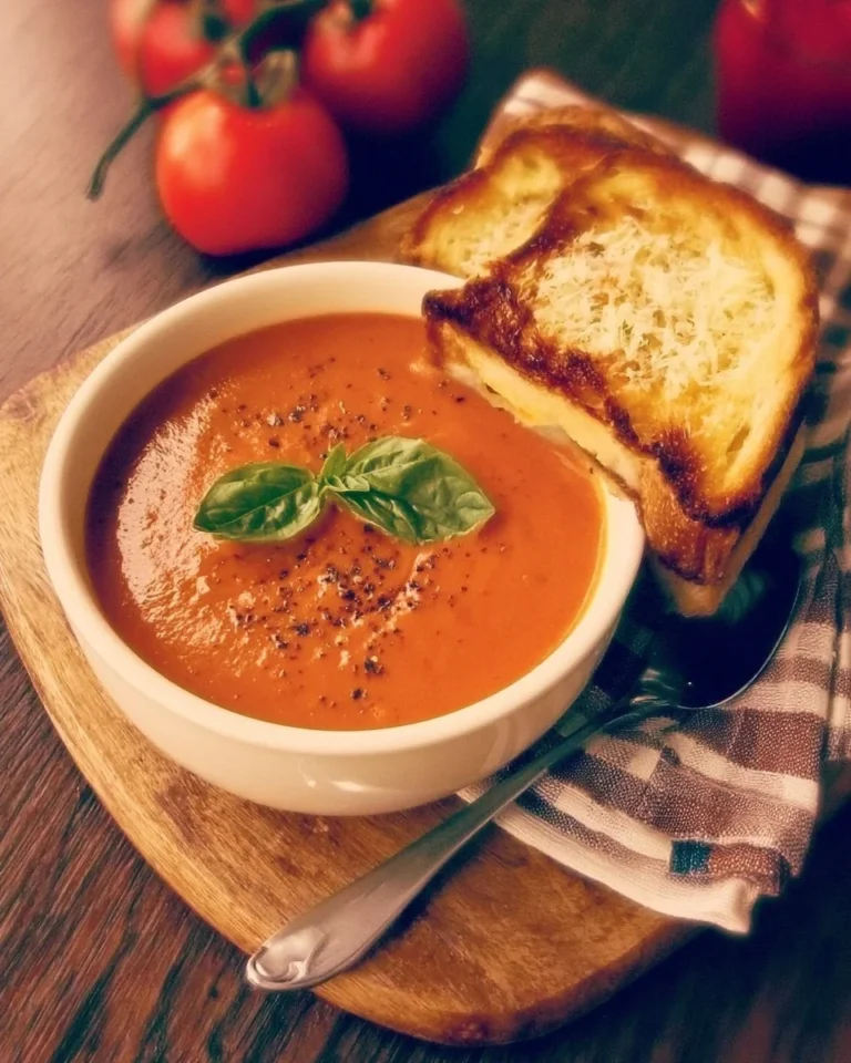 Bowl of Panera creamy tomato soup topped with fresh basil and crusty bread.