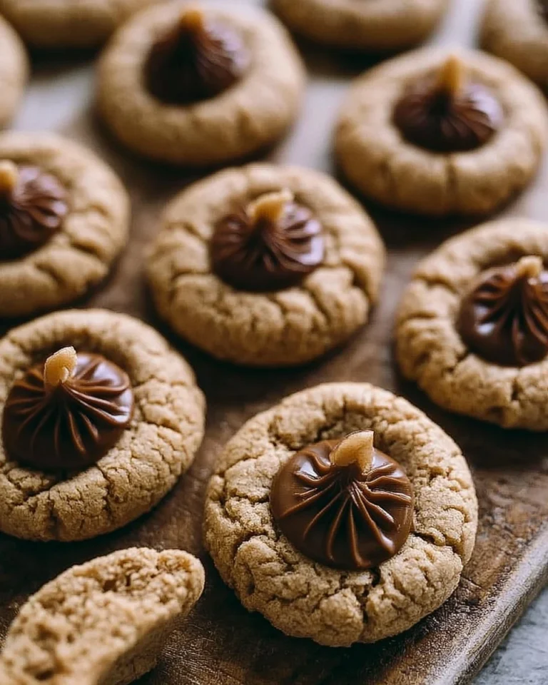 Freshly baked Peanut Blossom Cookies topped with chocolate kisses on a cooling rack