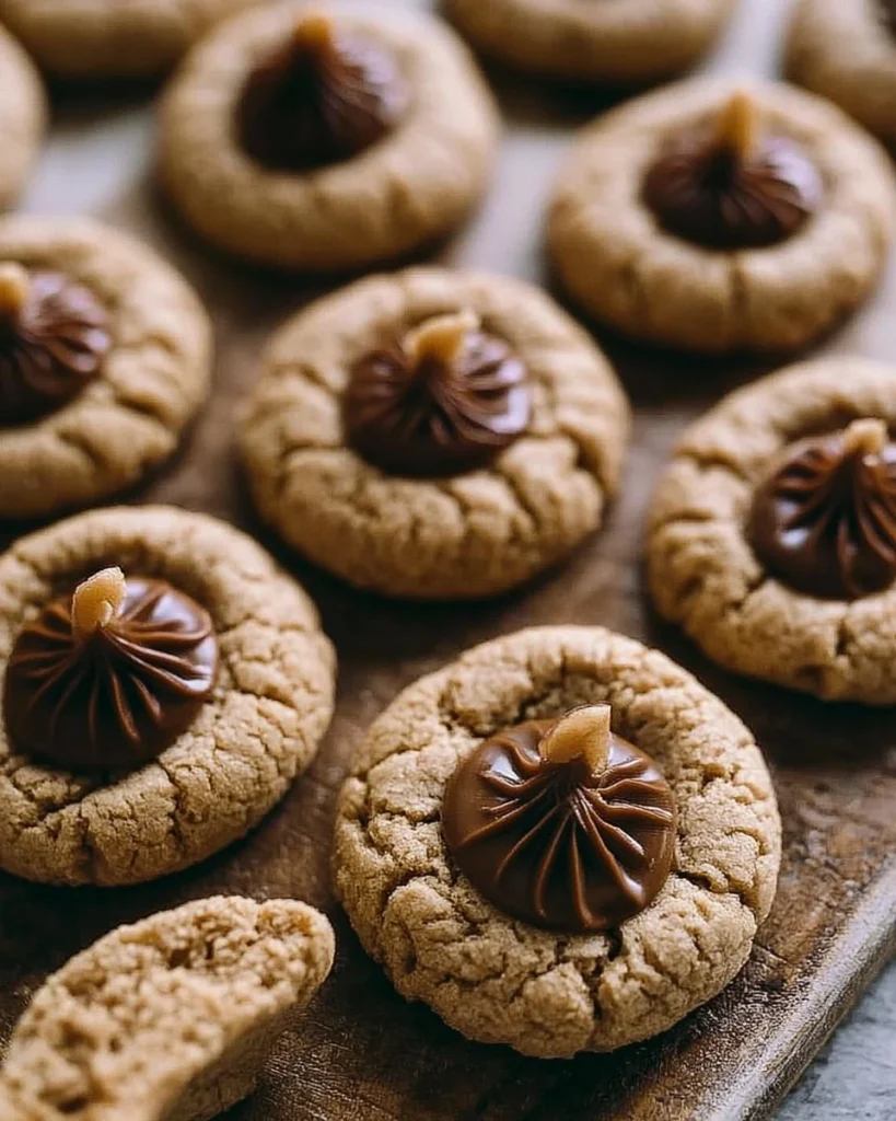 Freshly baked Peanut Blossom Cookies topped with chocolate kisses on a cooling rack