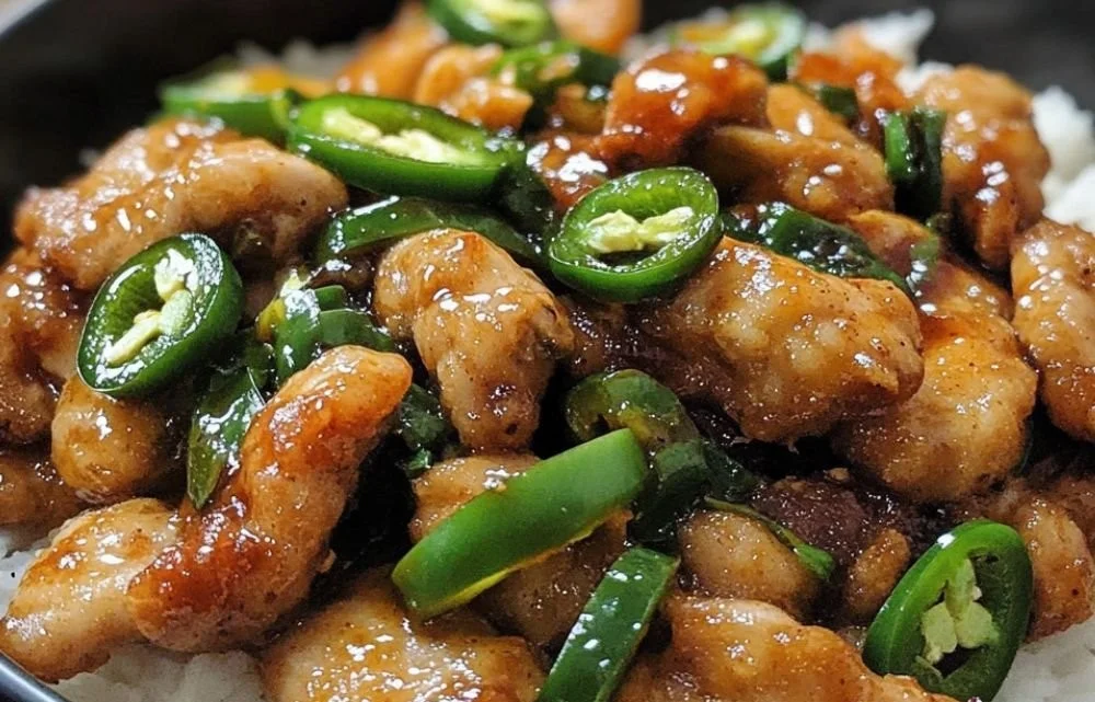 Quick and easy Asian Jalapeño Chicken dish garnished with fresh ingredients.